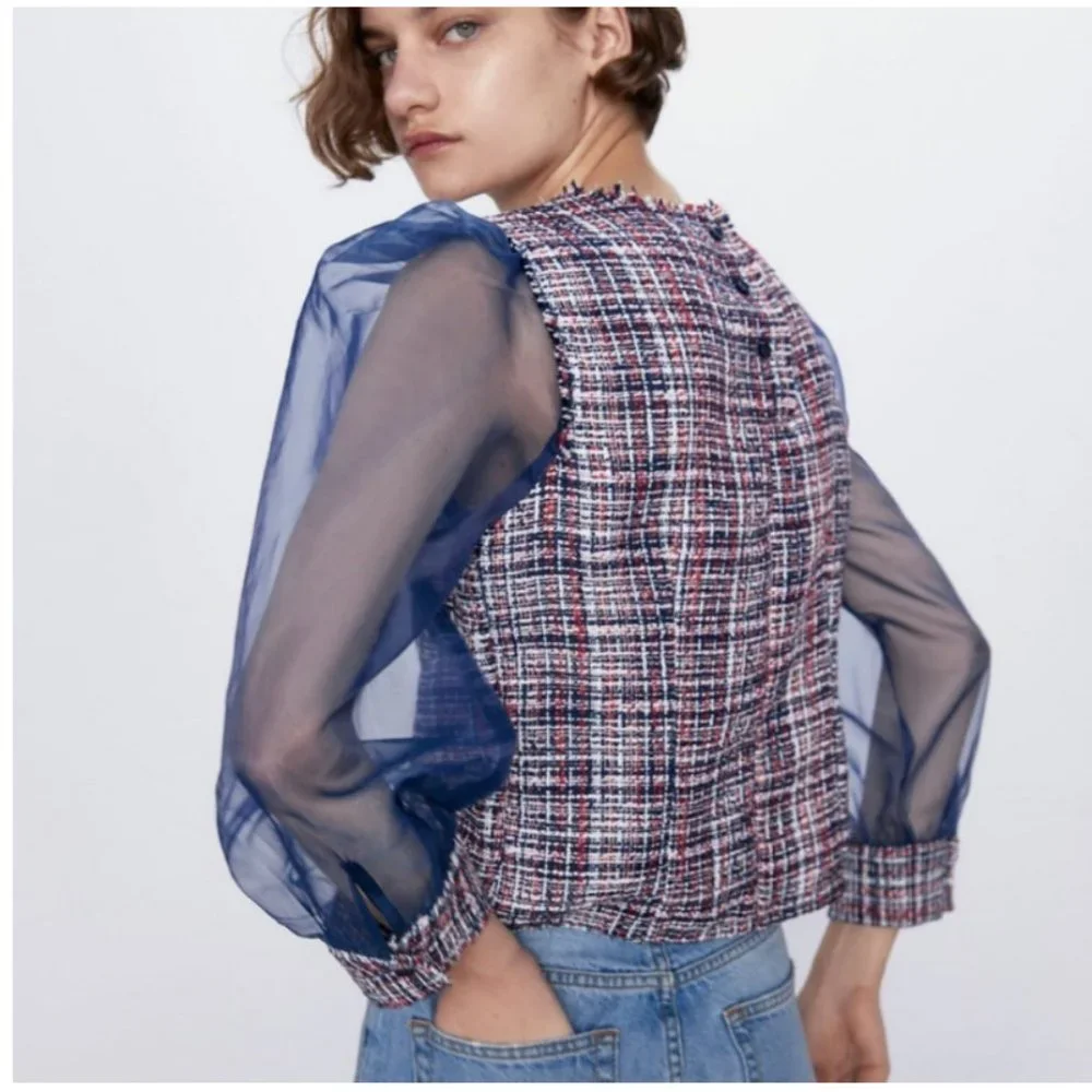 Zara Tweed Blue Red Organza Blouse Top - Picture 2 of 7